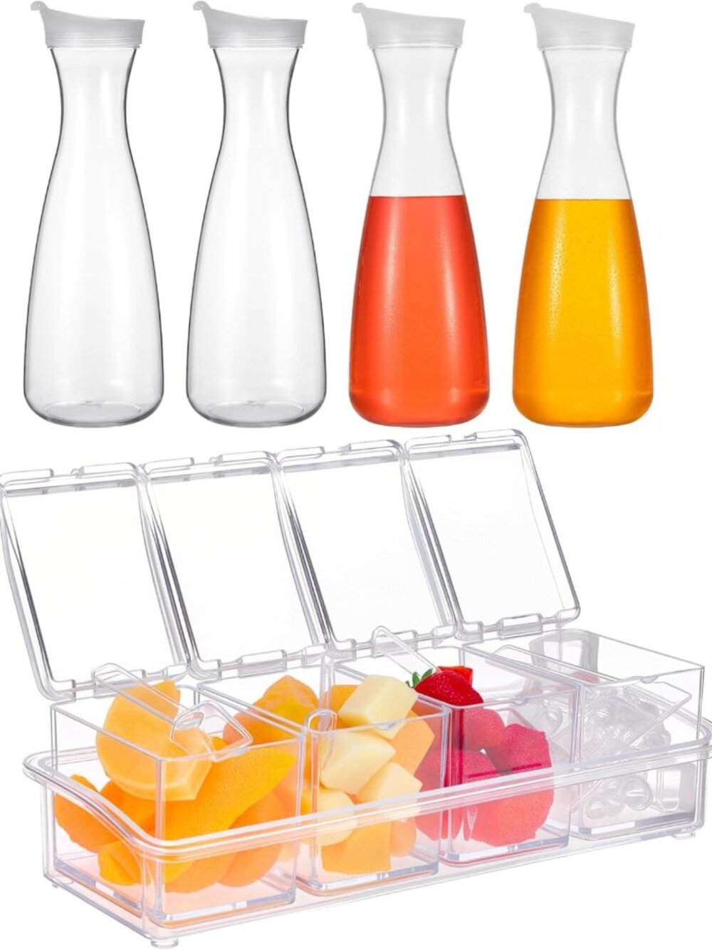 Mimosa Bar Supplies Set - 4 Clear Plastic Carafes & Seasoning Box for Parties
